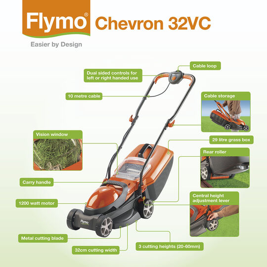 Flymo Chevron 32VC wheeled lawnmower product benefits image number null